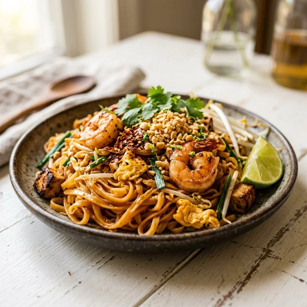 Delicious homemade Pad Thai with shrimp, peanuts, and lime on a plate.