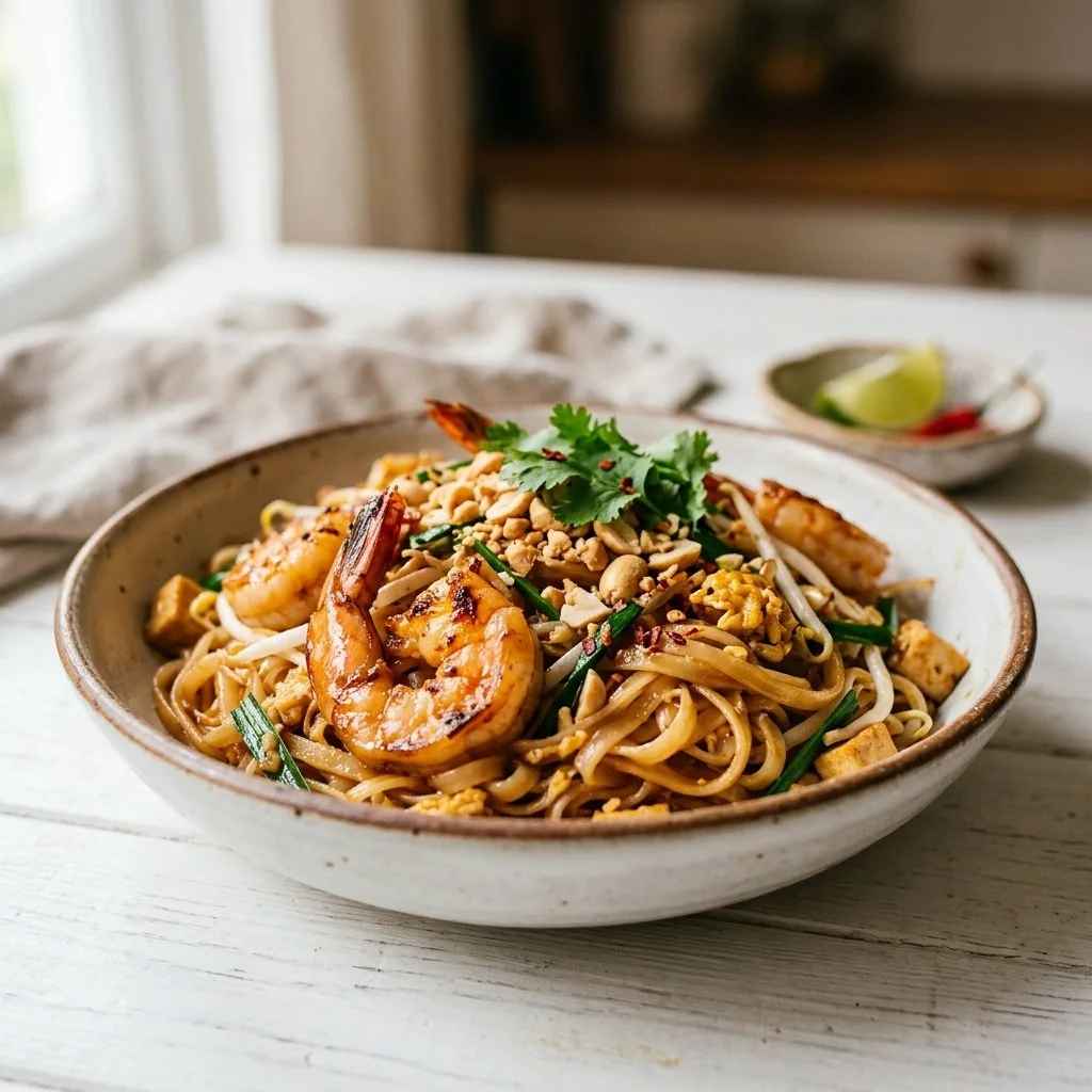 Delicious Pad Thai served in a bowl with fresh ingredients and garnishes.
