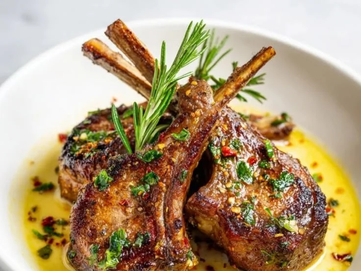 Pan-seared lamb chops served with herbs and spices, showcasing a delicious meal.
