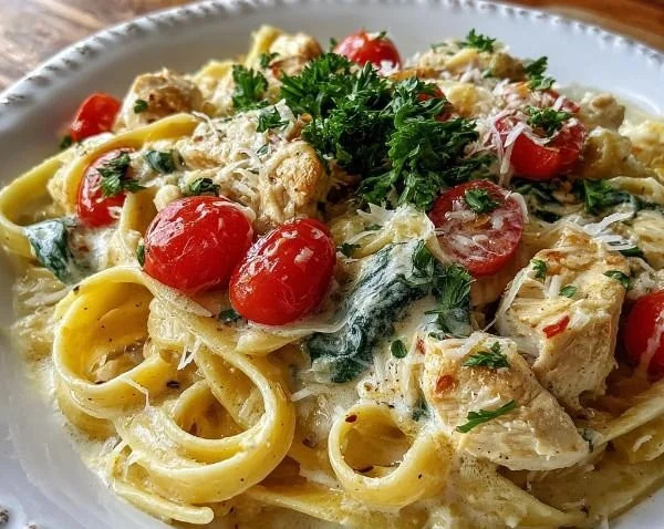 Delicious Parmesan Chicken Pasta served in a bowl with garnished herbs.