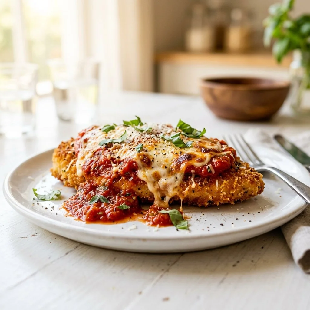 Deliciously cooked Parmesan Chicken served with herbs and spices.