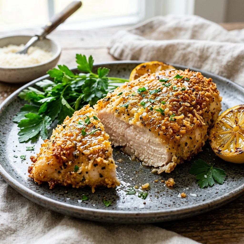 Crispy Parmesan Crusted Chicken served with a side of vegetables