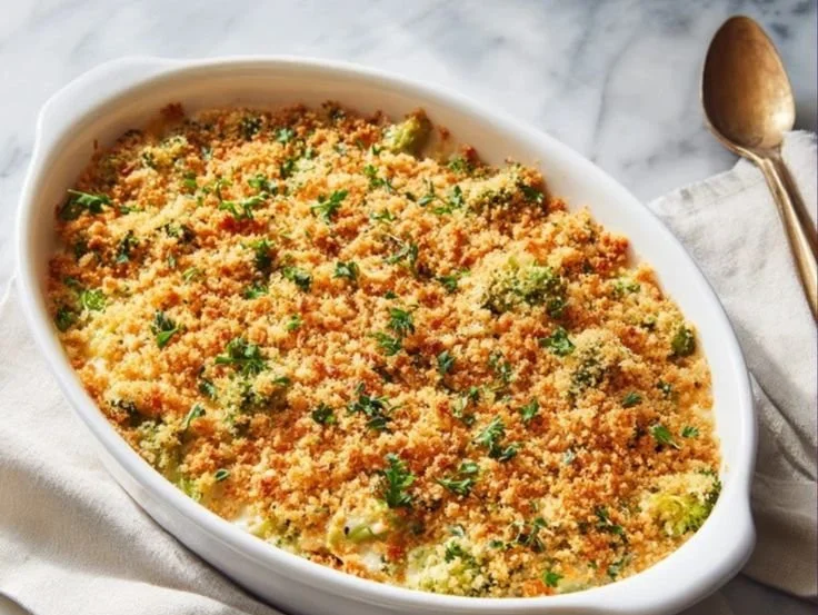 Paula Deen's creamy broccoli casserole topped with cheese and crunchy breadcrumbs