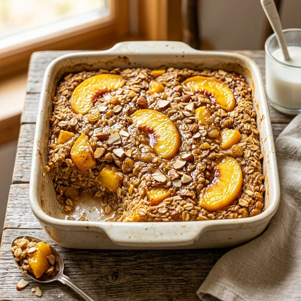 Baked oatmeal topped with fresh peaches and nuts, served in a bowl.