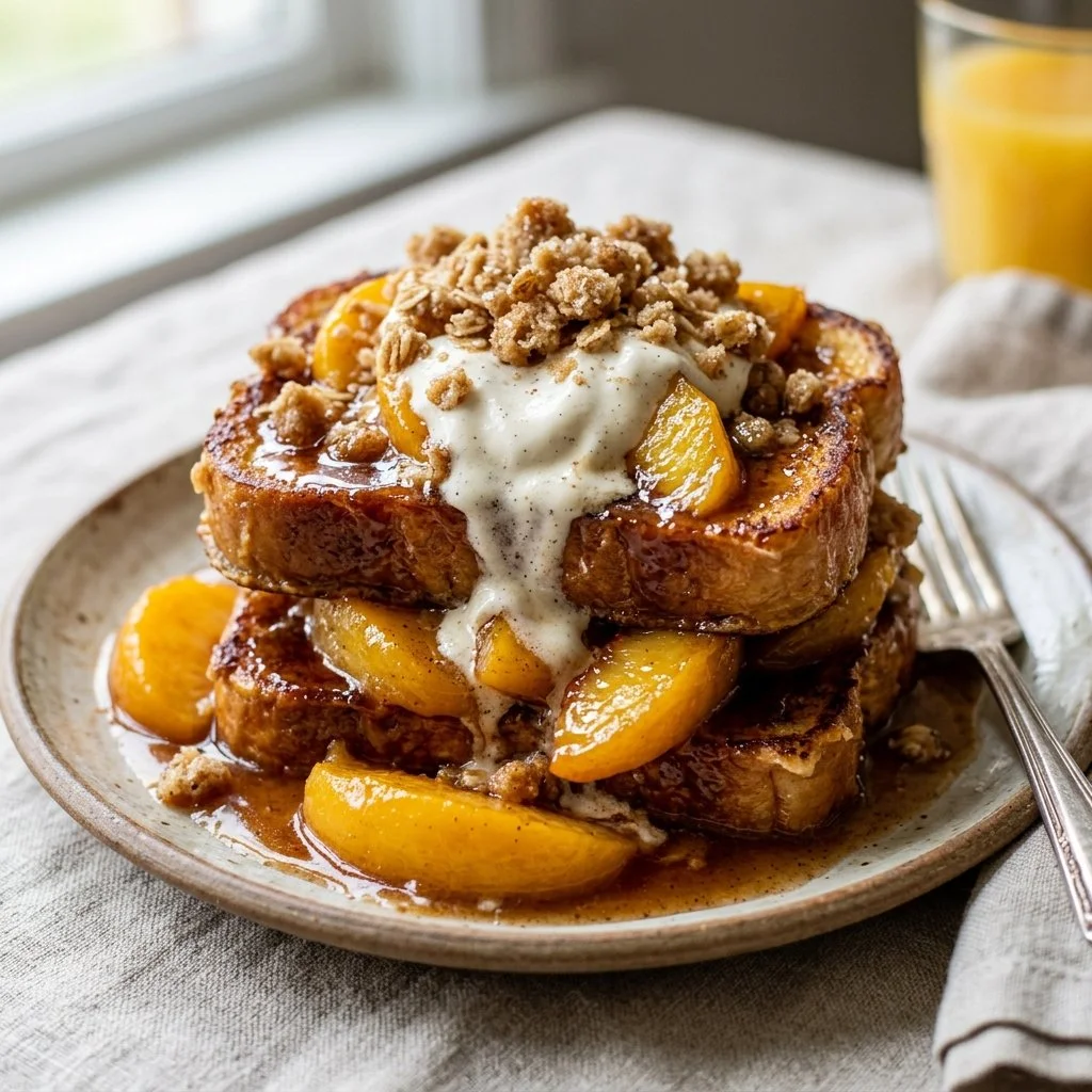 Delicious Peach Cobbler French Toast topped with fresh peaches and syrup