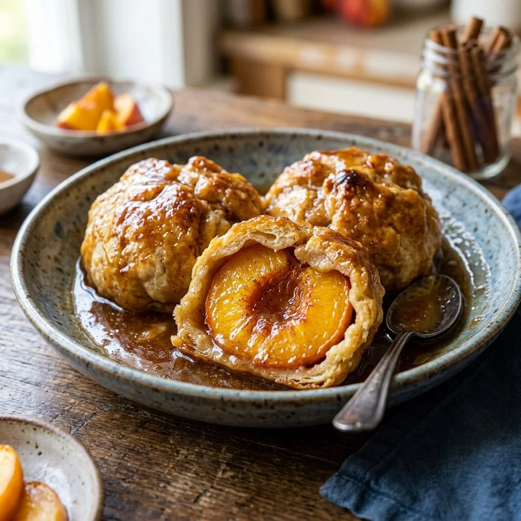 Homemade peach dumplings drizzled with syrup on a plate
