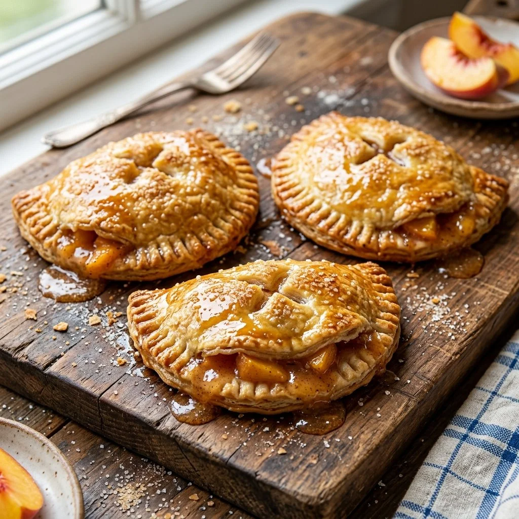 Baked peach hand pies fresh out of the oven, golden brown and flaky