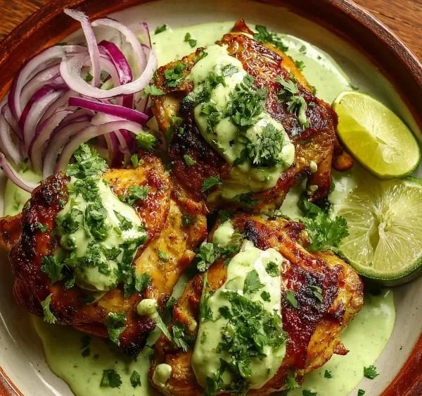 A plate of Peruvian chicken in creamy green sauce garnished with fresh herbs