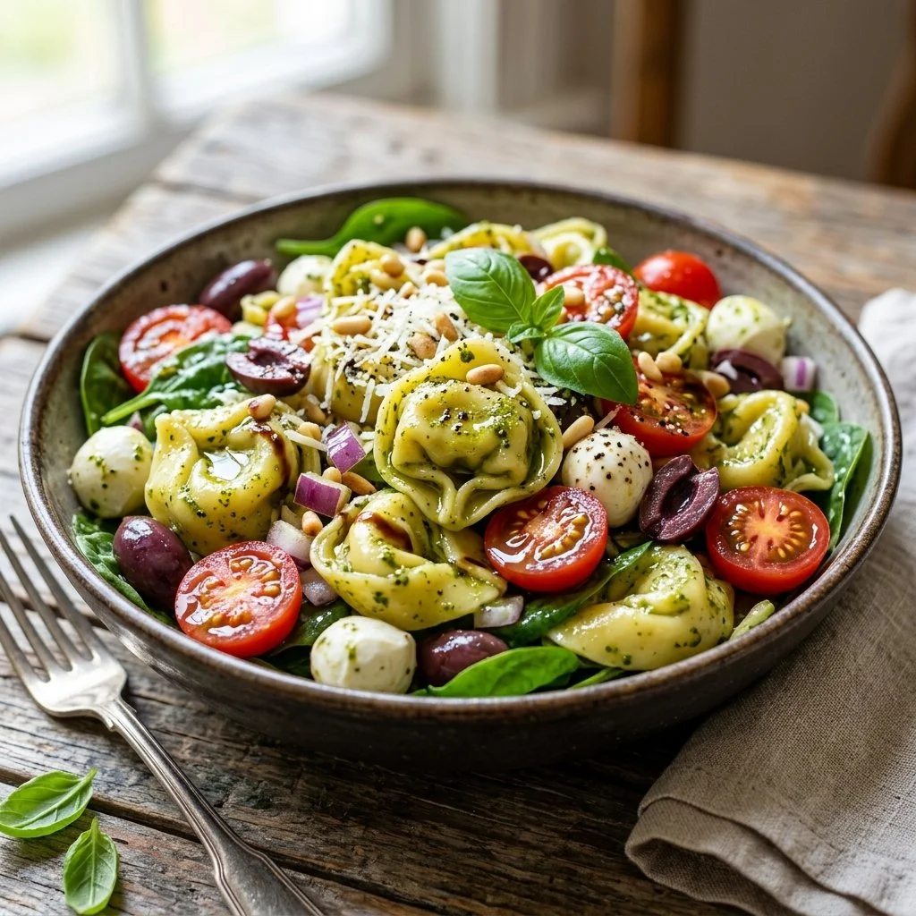 Pesto tortellini salad with fresh vegetables and herbs