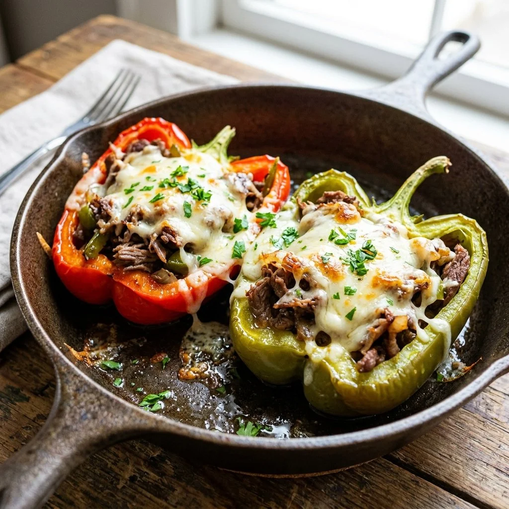 Philly cheesesteak stuffed peppers filled with delicious beef and cheese