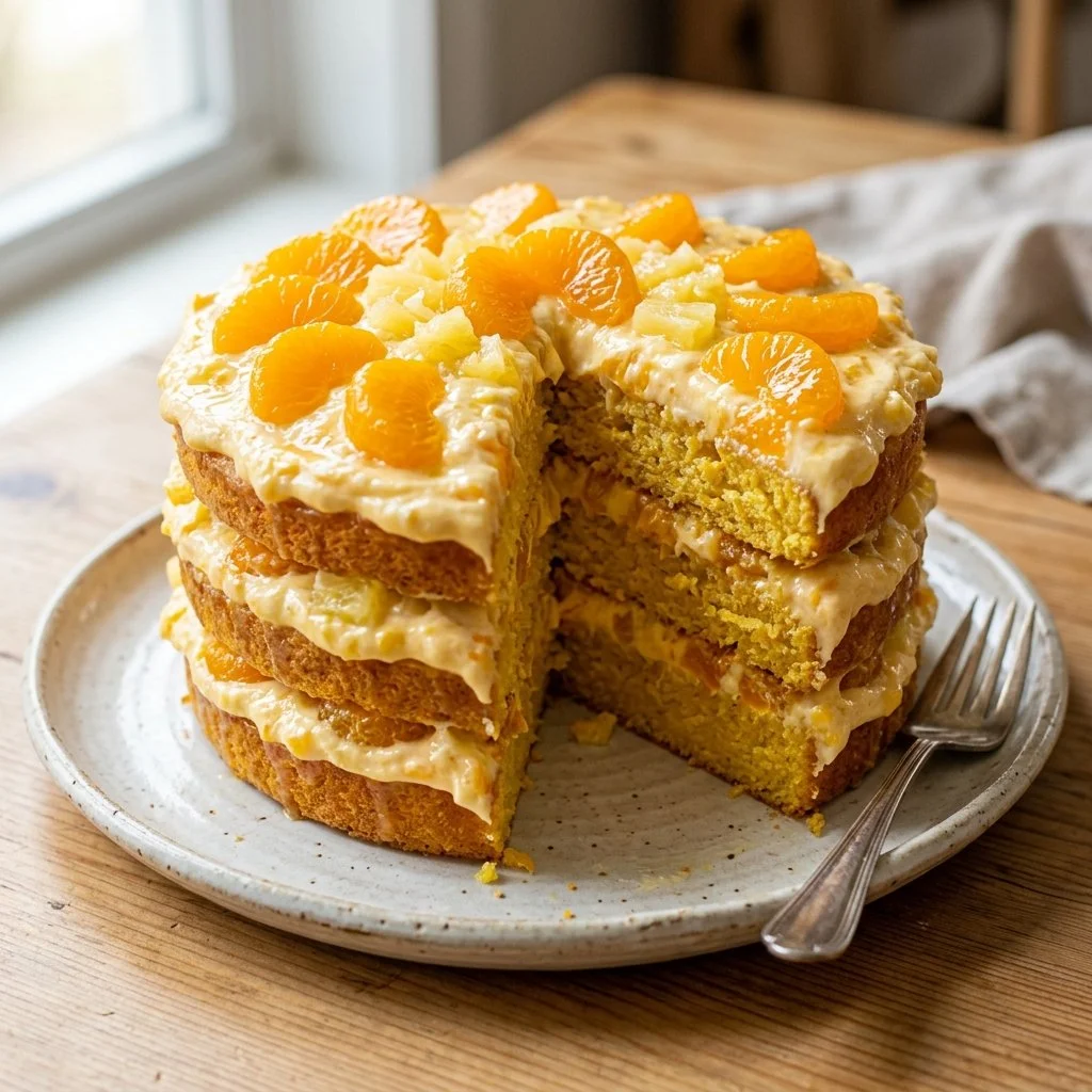 A delicious slice of Pig Pickin' Cake with creamy frosting and mandarin oranges