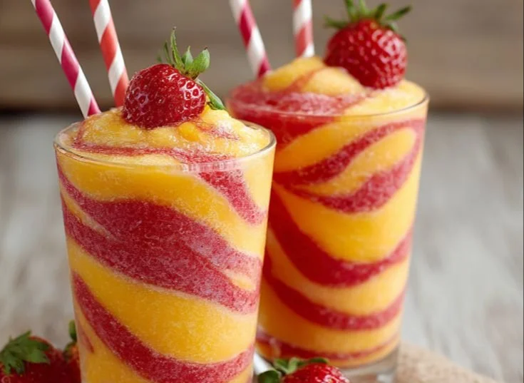 Pineapple and strawberry swirled slushies in colorful cups