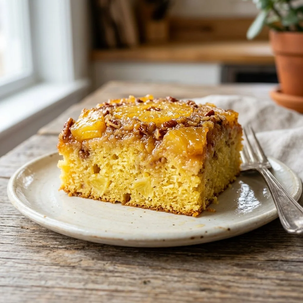 Slice of Pineapple Sunshine Cake topped with pineapple and whipped cream