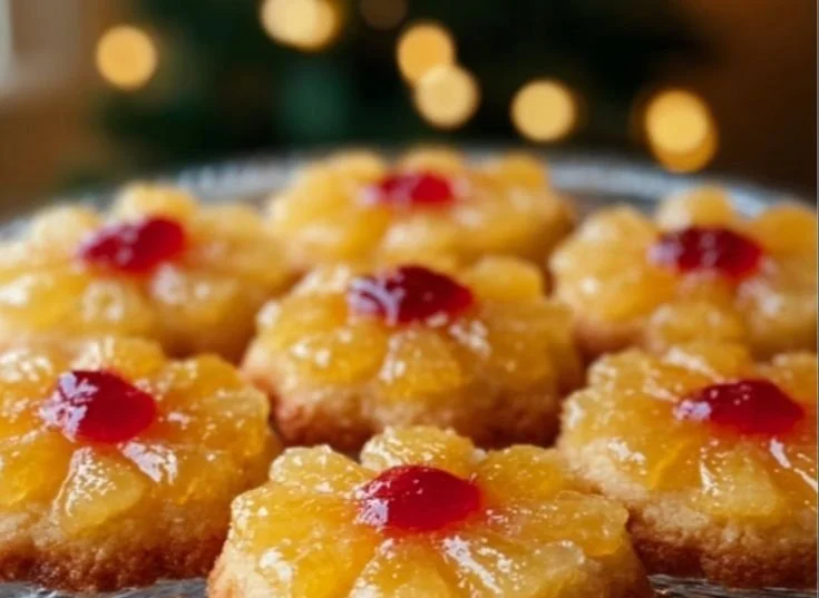 Pineapple Upside-Down Cookies on a serving plate decorated with fresh pineapples.