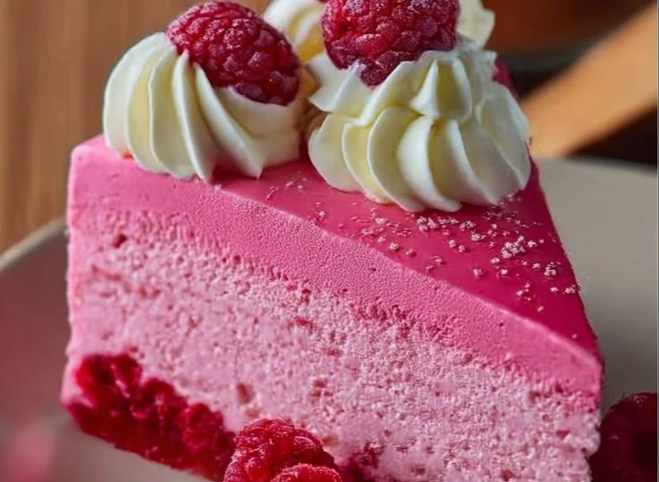 Pink velvet cake with raspberry cheesecake layer, a delicious dessert treat
