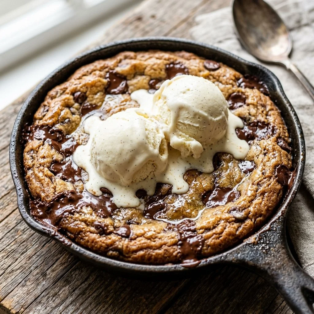 Delicious Pizookie dessert topped with ice cream