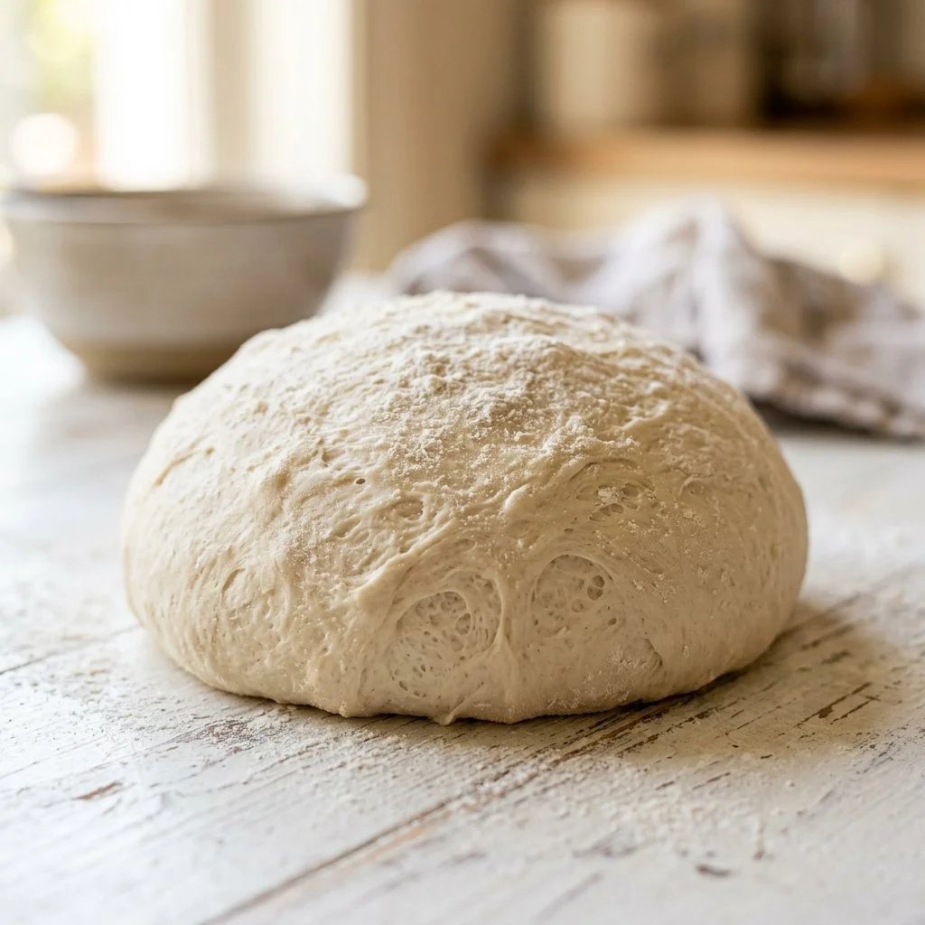Homemade pizza dough preparation with flour and ingredients
