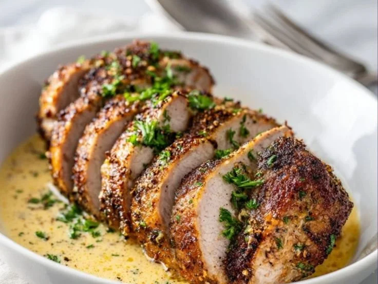 Pork Tenderloin in Dijon Mustard Cream Sauce served on a plate with garnish.