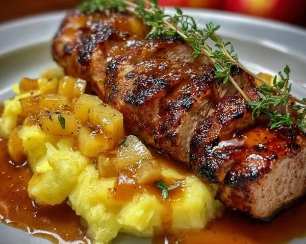 Juicy pork tenderloin served with homemade applesauce on a white plate.