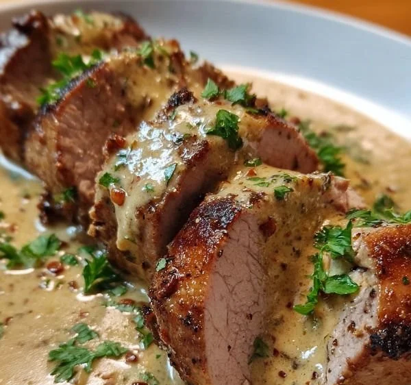 Pork tenderloin drizzled with creamy Dijon sauce on a plate.
