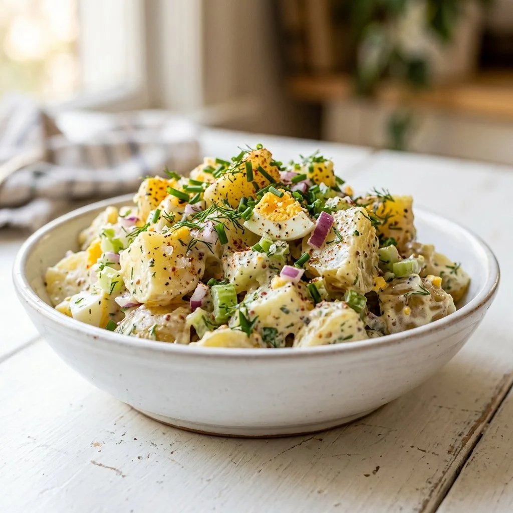 Delicious potato salad served in a bowl, perfect for summer picnics and gatherings.