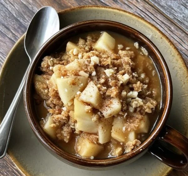 Delicious Protein Apple Crisp in a mug topped with oats and cinnamon