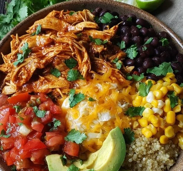 Protein-packed chicken enchilada bowl topped with fresh cilantro and avocado
