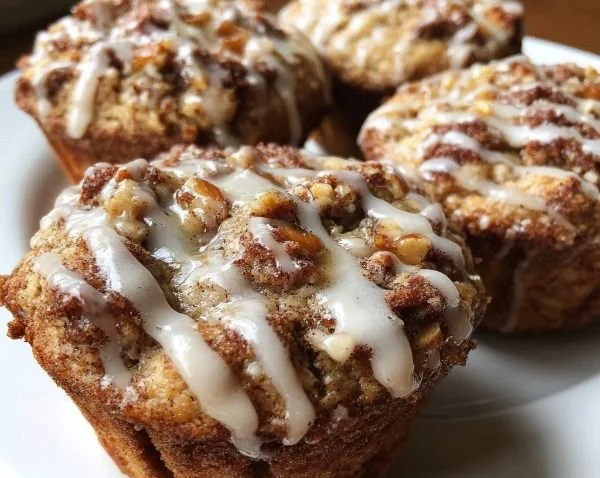 Protein-packed cinnamon roll muffins with icing on a plate