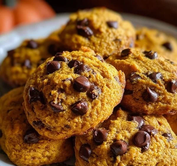 Delicious pumpkin chocolate chip cookies on a baking tray