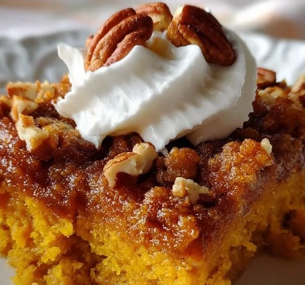 Delicious pumpkin pie dump cake ready to serve with whipped cream on top.