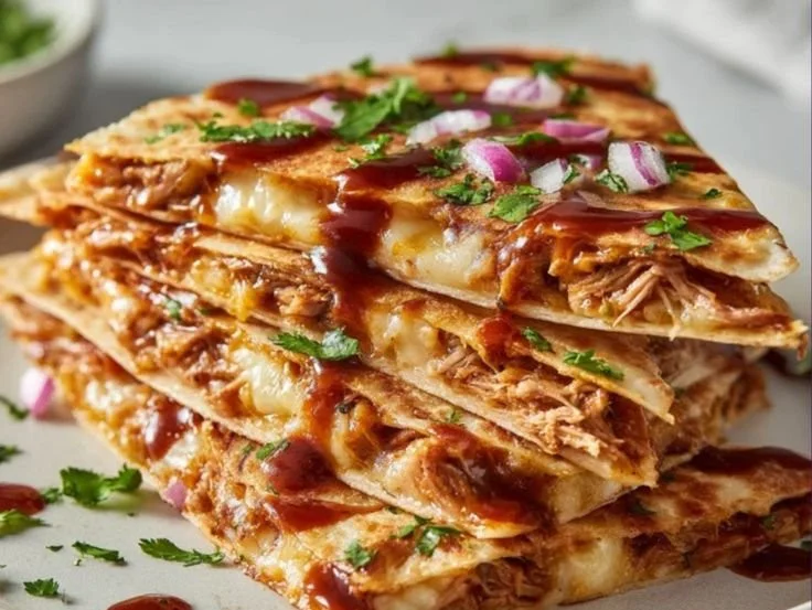 Delicious quesadillas filled with smoky BBQ pulled pork, cheese, and fresh toppings