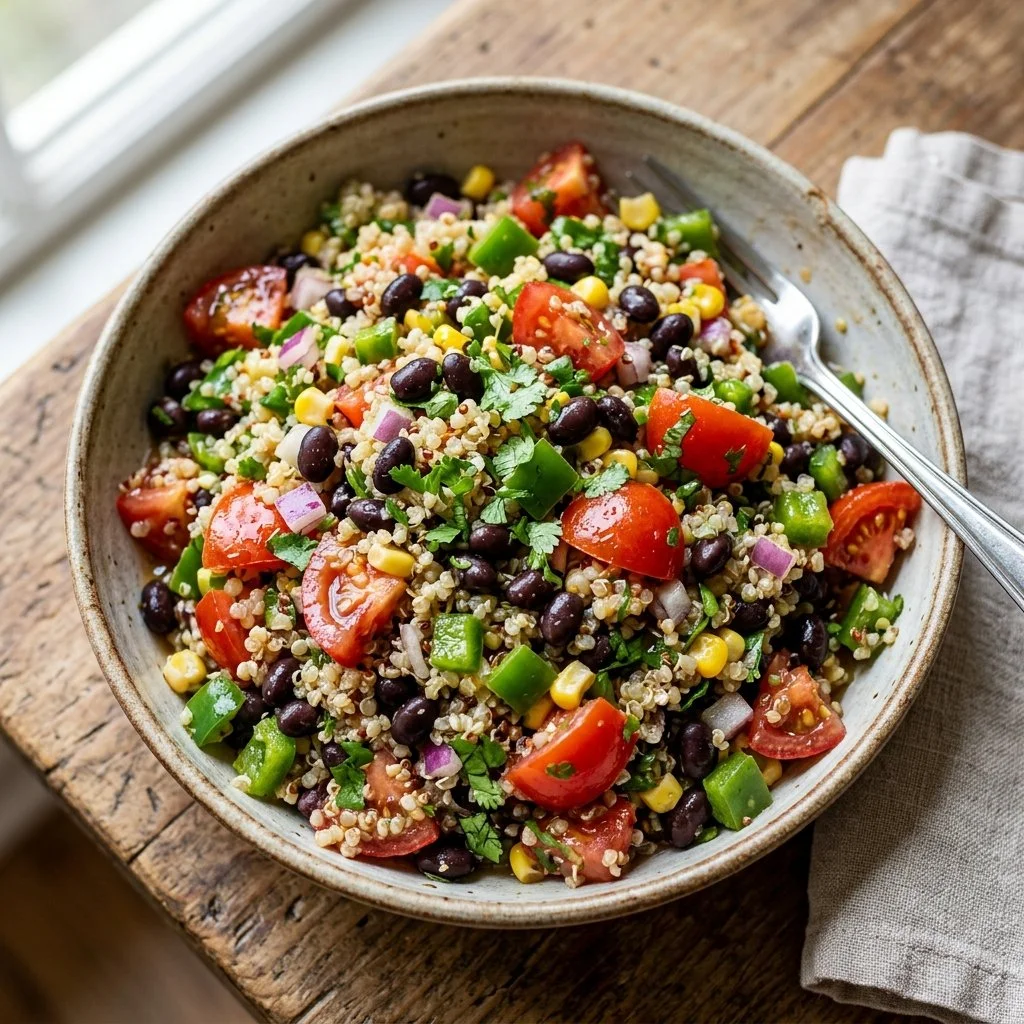 Quinoa black bean salad with fresh vegetables and dressing
