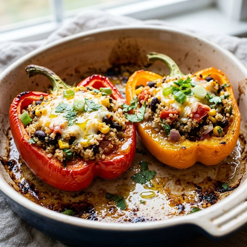 Quinoa stuffed peppers filled with colorful vegetables and herbs