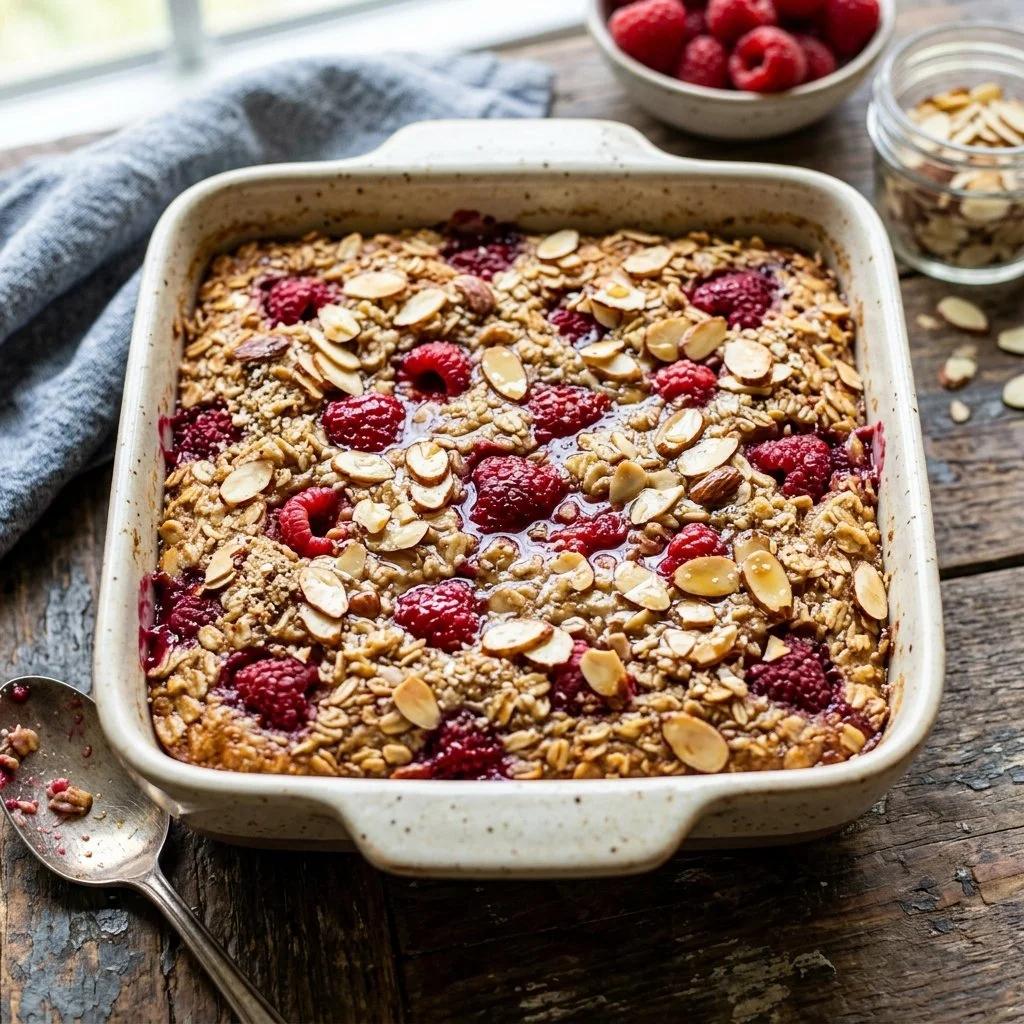 Delicious Raspberry Almond Baked Oatmeal in a dish ready to serve.