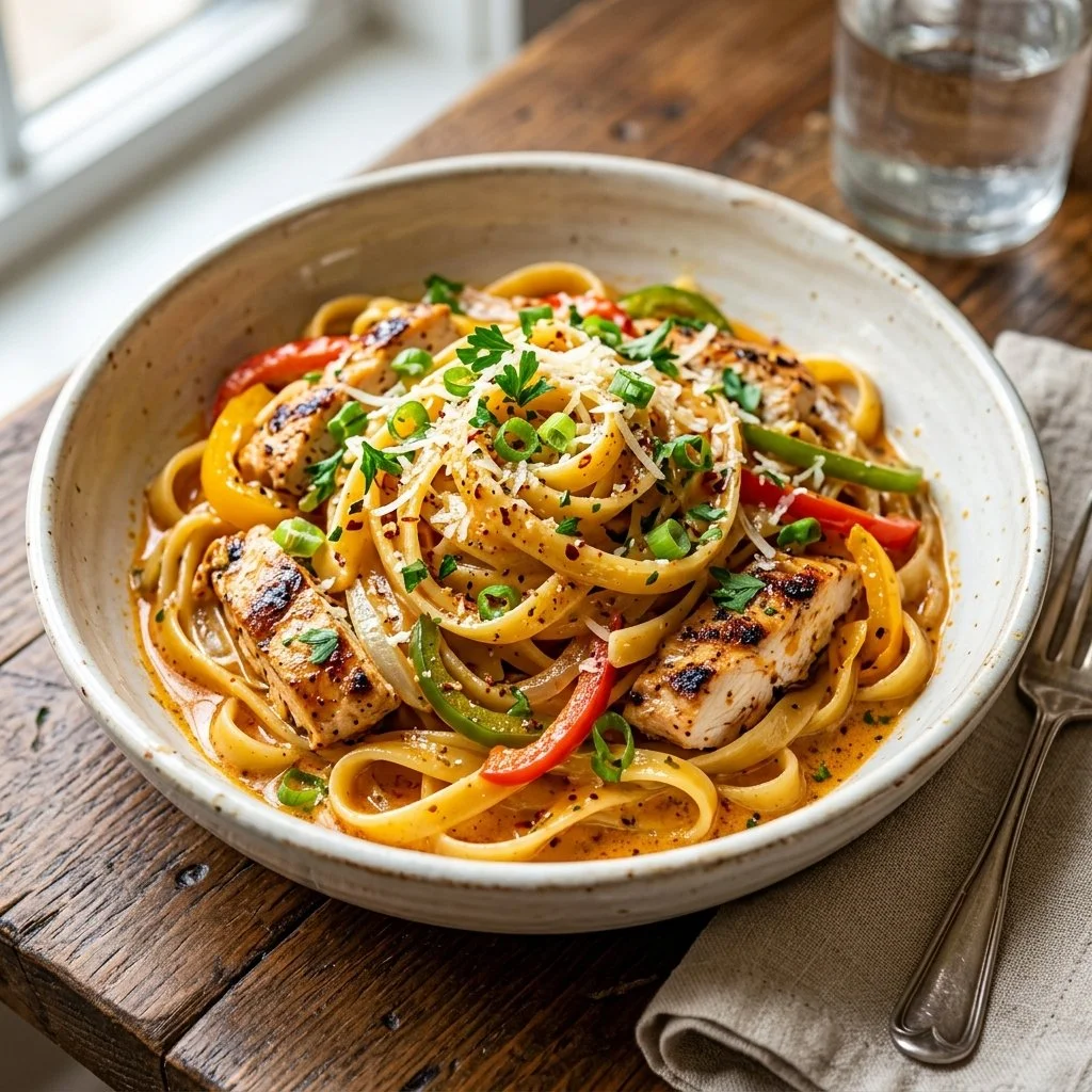 Delicious Rattlesnake Pasta served with creamy sauce and garnished with herbs