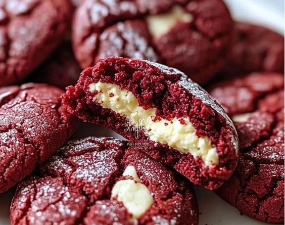 Delicious red velvet cookies with cream cheese filling on a baking tray