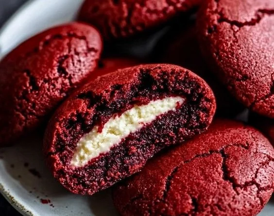 Delicious Red Velvet Cookies with Cream Cheese Filling on a plate