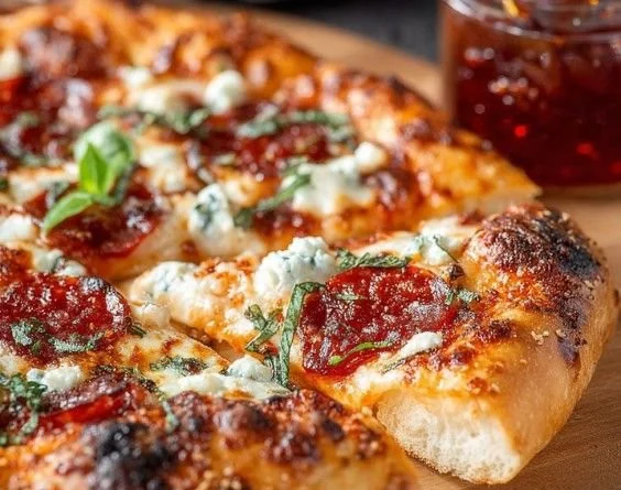 Ricotta-topped hot honey pepperoni pizza with spicy drizzle and fresh ingredients