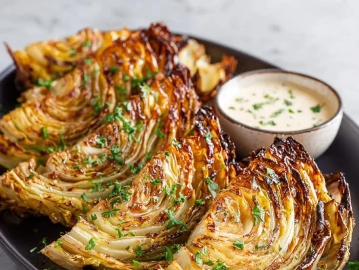 Plate of roasted cabbage wedges seasoned and cooked to perfection