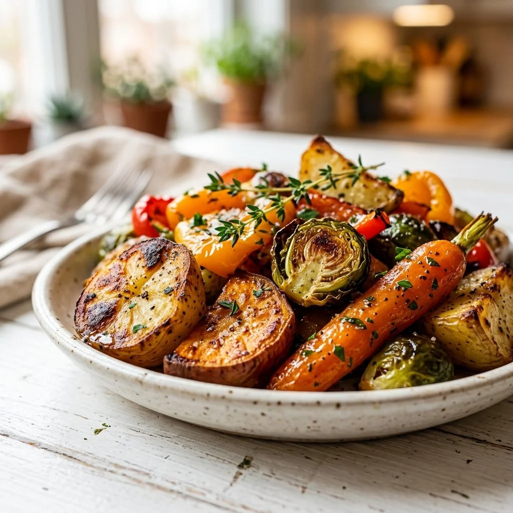 A colorful assortment of roasted vegetables on a baking sheet.