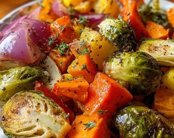 Plate of roasted vegetables seasoned with maple and Dijon mustard