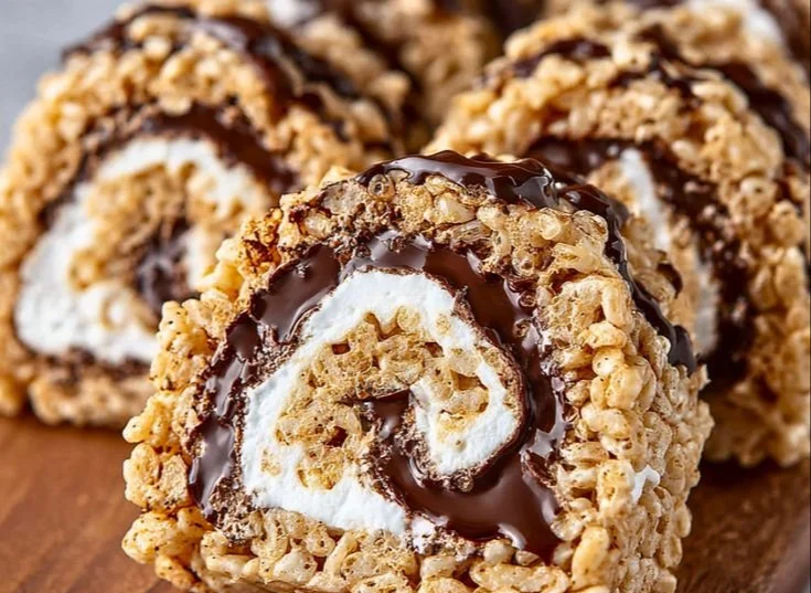 Rolled S'mores Rice Krispie Treats with chocolate and marshmallows