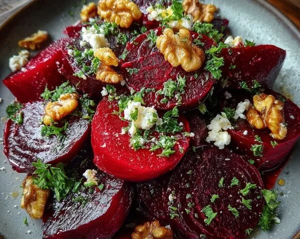 A vibrant Ruby Red Beet Salad with greens and walnuts on a white plate