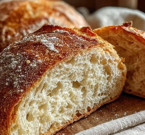 Freshly baked rustic artisan bread with a crunchy crust and airy center