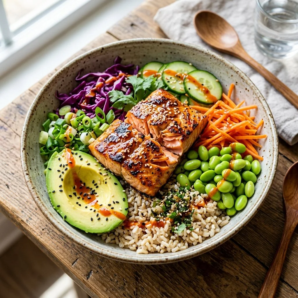 Delicious Salmon Buddha Bowl with fresh vegetables and grains