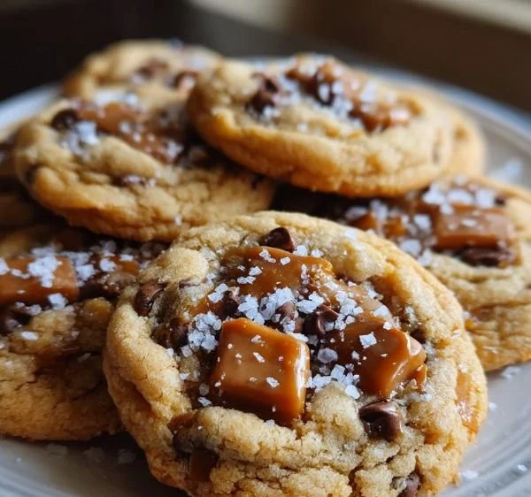 Delicious freshly baked salted caramel cookies on a plate.