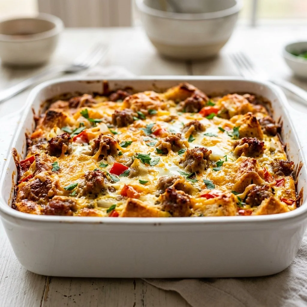 Sausage and Egg Casserole ready to serve for breakfast or brunch.