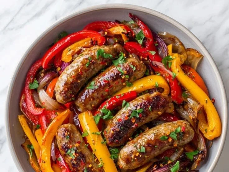 Sizzling sausage and peppers skillet with vibrant bell peppers and onions.