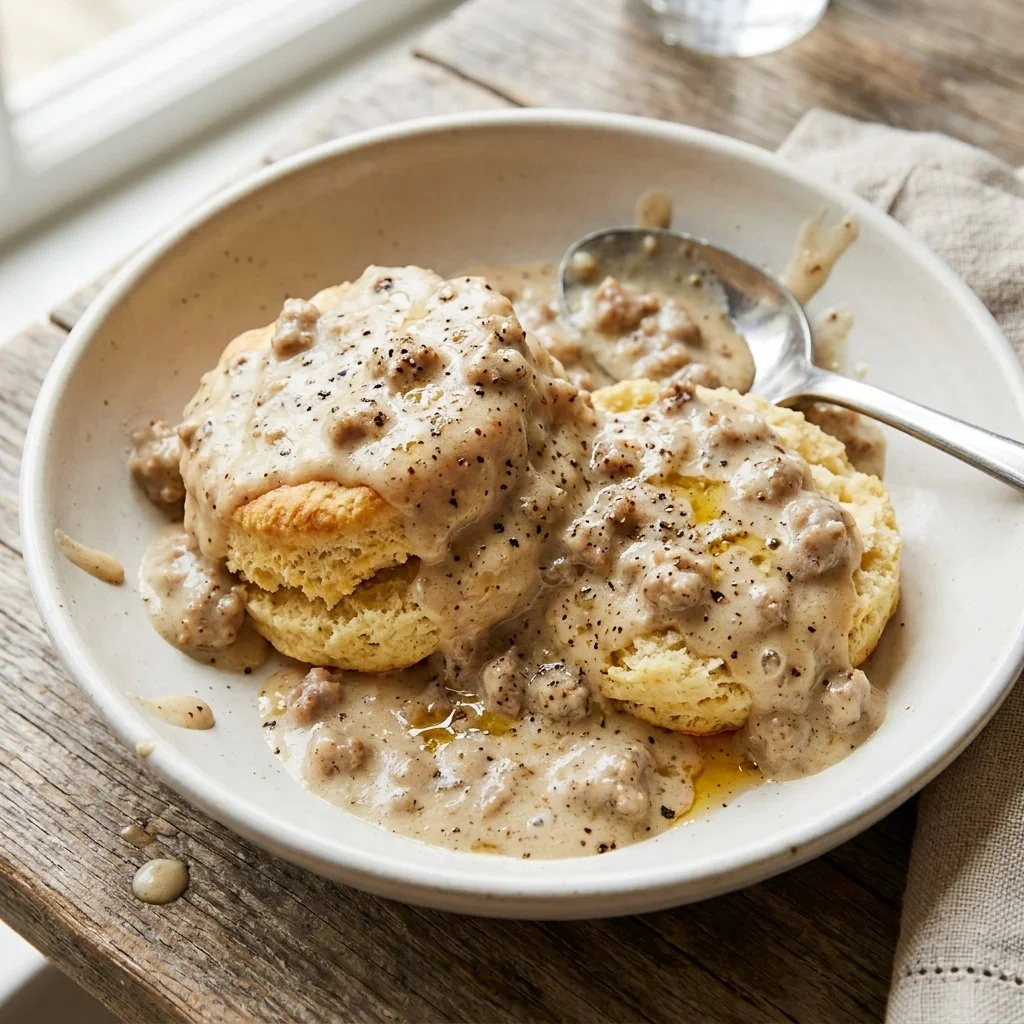 Delicious homemade sausage biscuits served with creamy gravy