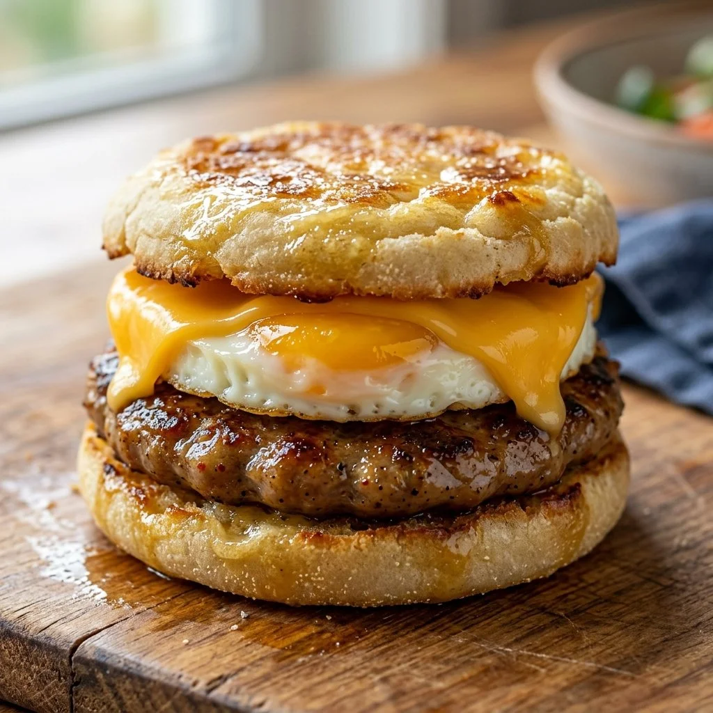 Sausage Egg McMuffin with sausage patty, egg, and cheese on an English muffin